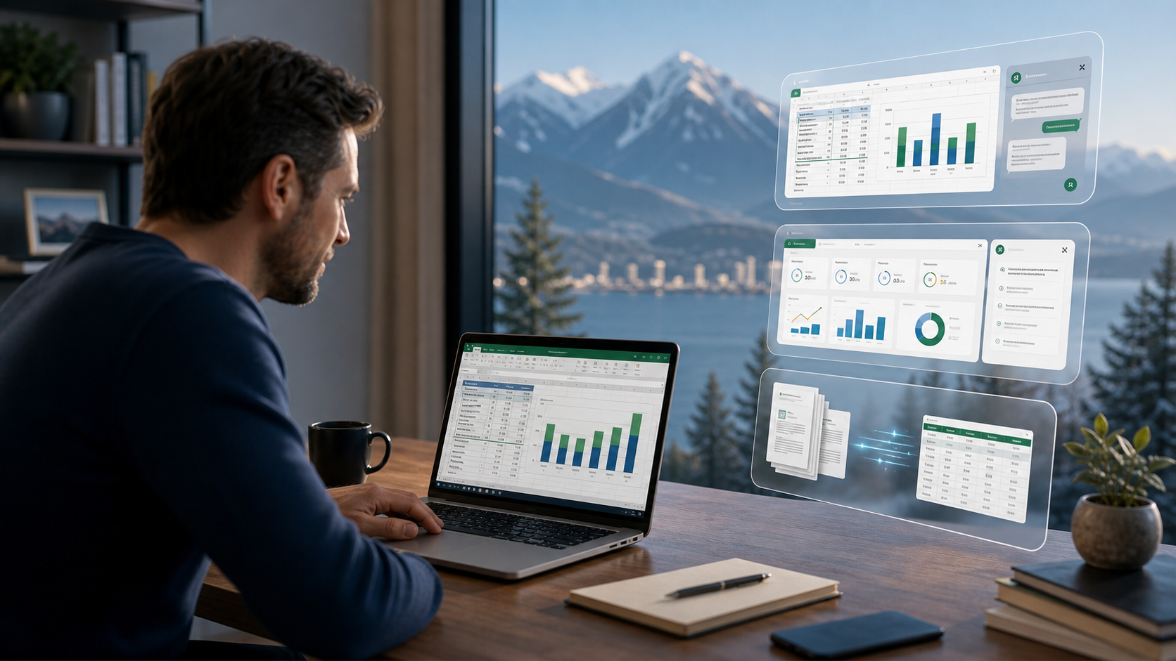 A professional working in Microsoft Excel with Copilot, with a pivot table, chart, and dashboard floating around the screen
